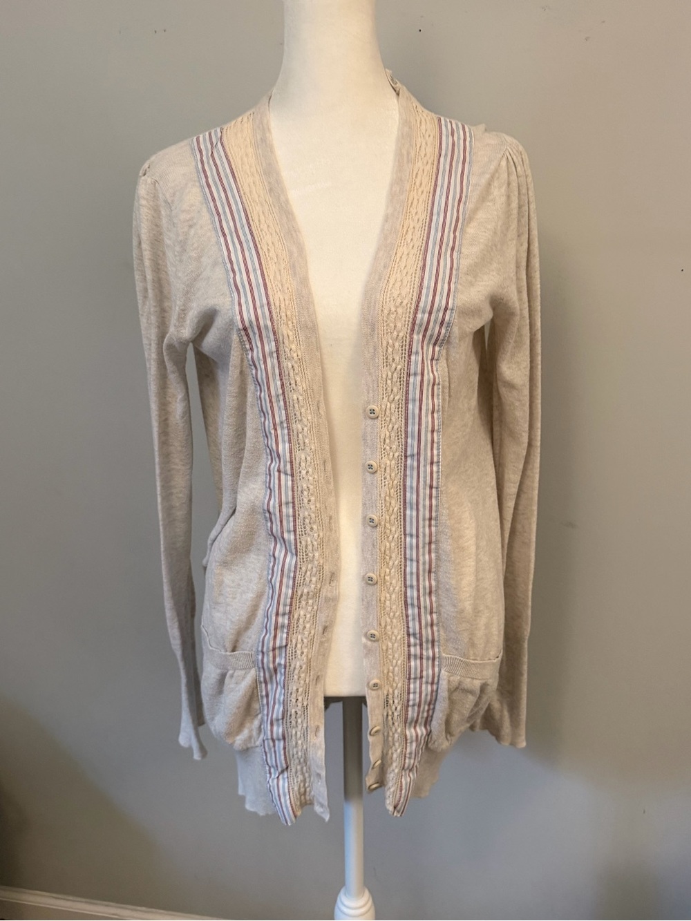Anthropologie Field Flower Cream Striped Trim Women's Cardigan Sweater